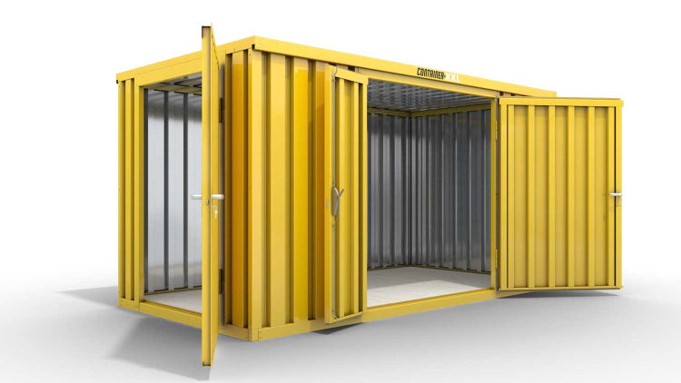Lagercontainer Gerätehaus L  – 8 qm, H2150 x B4050 x T2170 mm, Außenwandlackierung RAL 1003 signalgelb, Dach außen verzinkt, mit Holzfußboden, 1830 mm Doppelflügeltür mittig in Breitseite und 1270 mm Einflügeltür mittig in Stirnseite, montiert