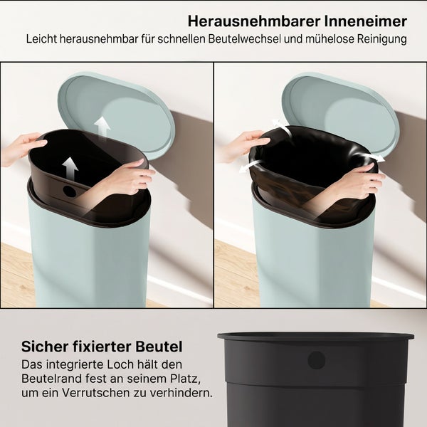 Abfalleimer mit herausnehmbarem Inneneimer und Beutelhalterung für einfachen Müllbeutelwechsel und saubere Handhabung.