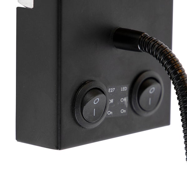 Nahaufnahme einer schwarzen Lampe mit zwei Schaltern für E27 und LED