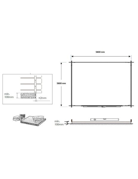 Technischer Grundriss für ein Gartenhaus mit Fundamentplan, Maße 5800 Millimeter mal 5800 Millimeter, Details zur Wandmontage und Sockelhöhe.