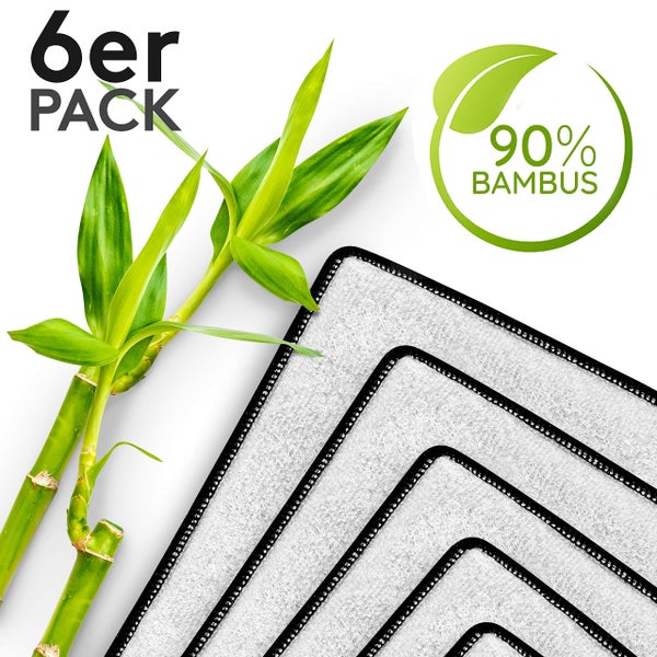 Sechserpack Bambustücher mit Bambuspflanze und Symbol für 90 Prozent Bambusanteil
