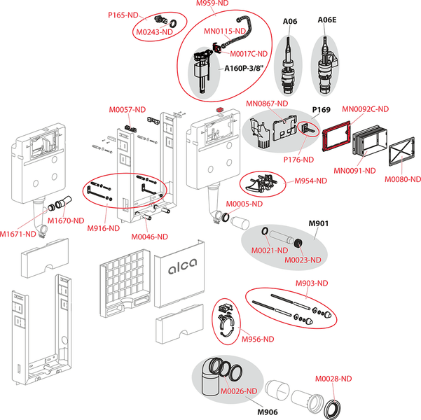 Technische Explosionszeichnung eines Alca Unterputz-Spülkastens mit markierten Ersatzteilen und Produktnummern.