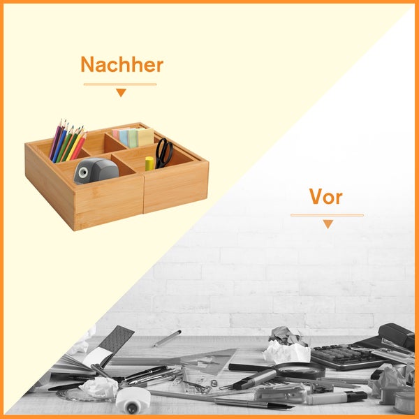 Vorher-Nachher-Ansicht eines Schreibtisches mit einem Bambus-Schreibtisch-Organizer