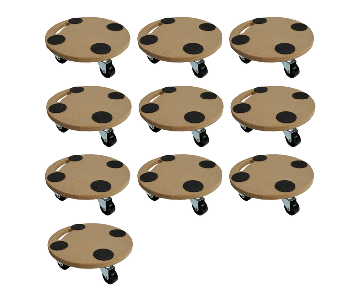 Set von 10 runden Pflanzenrollern aus Holz mit vier Lenkrollen, Antirutschpunkten und Griff.