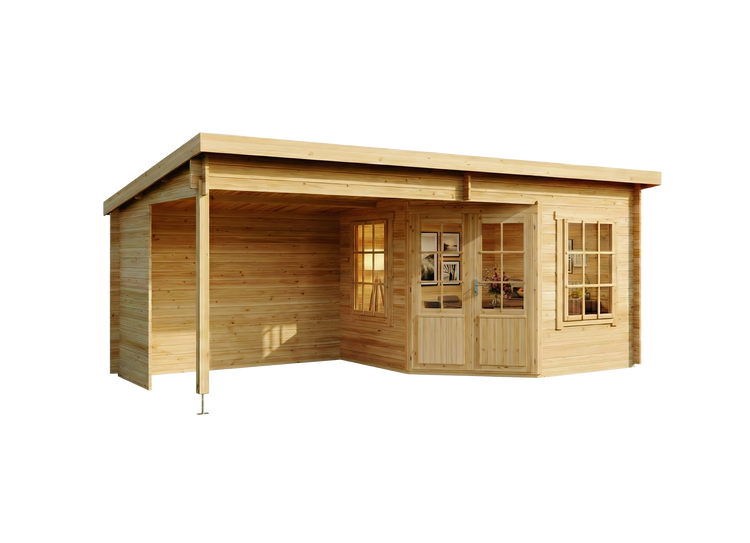 Gartenhaus aus Holz mit Pultdach, Doppeltür mit Lichtausschnitten, Fenstern und integriertem Schleppdach.
