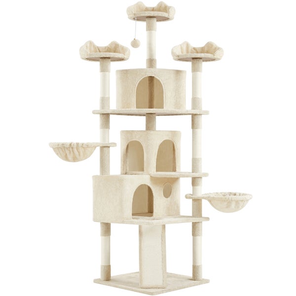 Mehrstöckiger Kratzbaum mit Liegeflächen, Häusern und Spielzeug für Katzen