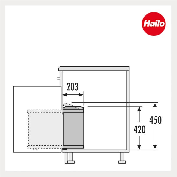 Hailo Logo. Technische Zeichnung eines Abfalleimers im Schrank: Tiefe 203 Millimeter, Höhe 420 Millimeter, Schrankhöhe 450 Millimeter.