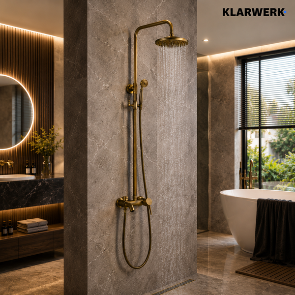 Modernes Bad mit Duschsystem in Messing-Optik auf grauer Natursteinwand, freistehender Badewanne und beleuchtetem Rundspiegel. Klarwerk Logo.
