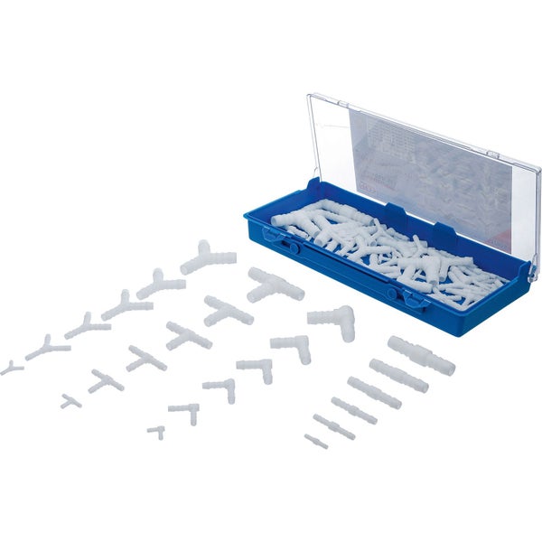 Sortiment verschiedener Schlauchverbinder in einer blauen Aufbewahrungsbox