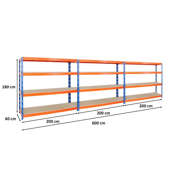 PROREGAL Mega Deal 3x Profi Schwerlastregal Rhino HxBxT 180 x 200 x 60 cm 4 Spanplatten-Ebenen 8mm Fachlast 500 kg Blau-Orange