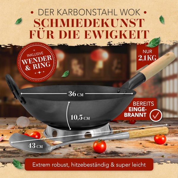 KRUSTENZAUBER 36cm Wokpfanne Induktion voreingebrannt - Traditionelle Stahlwokpfanne mit Wokwender u. Wokring - Wok Pfanne, Wok Induktion, Woklette, Wok Zubehör, Carbon Steel Wok Karbonstahl