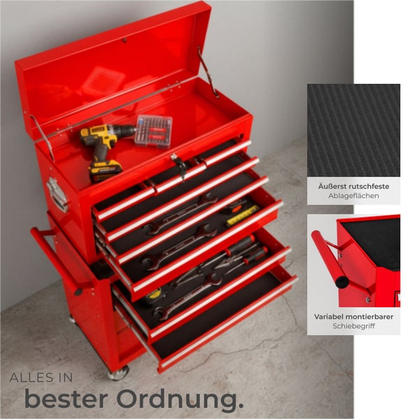 Roter Werkzeugwagen mit mehreren Schubladen, Werkzeugen und Akku-Bohrschrauber