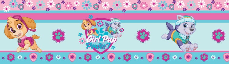 Wandbordüre mit PAW Patrol Motiven Skye und Everest, dem Schriftzug Girl Pup Power und verschiedenen Blumenmustern.