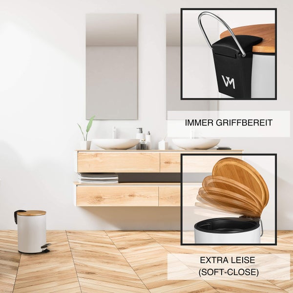 VMbathrooms 3L Kosmetikeimer in edlem weißem Design | Tretmülleimer mit Absenkautomatik (Soft Close) | Eleganter Eimer fürs Bad mit Innenbehälter und Bambus-Holzdeckel