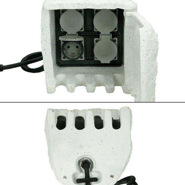 ECD Germany Steinsteckdose Steckdose 4-fach in Steinoptik - Hellgrau - 220-240 V / 50-60 Hz - IP44 - Wetterfest - mit 1,5m Kabel und Klapptür - Außensteckdose Gartensteckdose Steckdosenverteiler