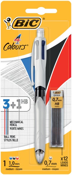 BIC Mehrfarb-Druckkugelschreiber 4 Colours 3+1 HB, 1Stift + 12 Bleiminen