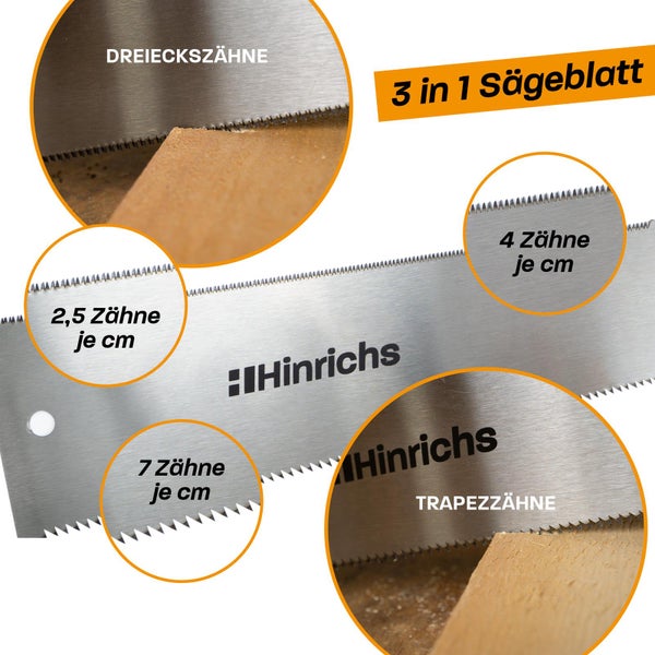 Hinrichs 3 in 1 Sägeblatt für Holz mit Dreieckszähnen und Trapezzähnen sowie 2,5, 4 und 7 Zähnen pro Zentimeter.
