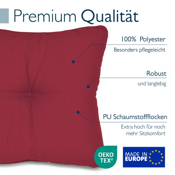 Rotes Sitzkissen aus 100 Prozent Polyester mit Polyurethan-Schaumstoffflocken, robust, pflegeleicht, OEKO-TEX zertifiziert und hergestellt in Europa.