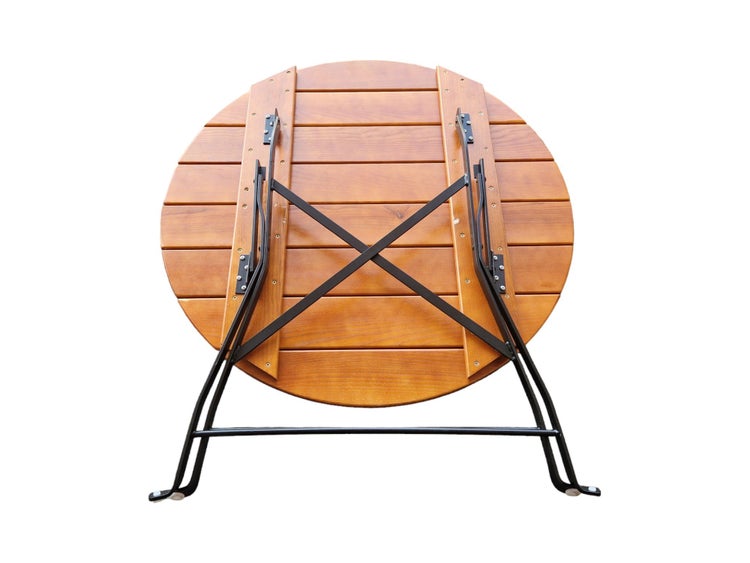 Runder Holz-Klapptisch, Ansicht der Unterseite mit Metallgestell.
