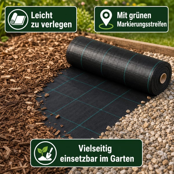 Unkrautvlies auf Rolle mit Markierungsstreifen zur einfachen Verlegung und vielseitigen Nutzung im Garten.