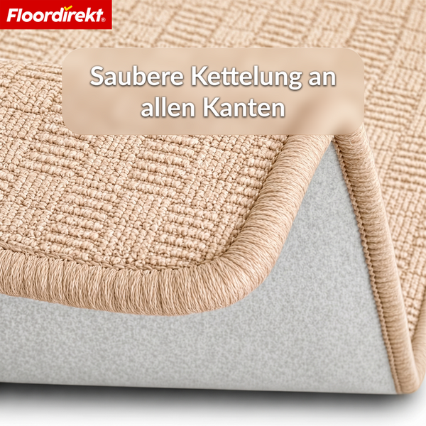 Floordirekt Logo. Teppich mit sauberer Kettelung an den Kanten und strukturierter Oberfläche.