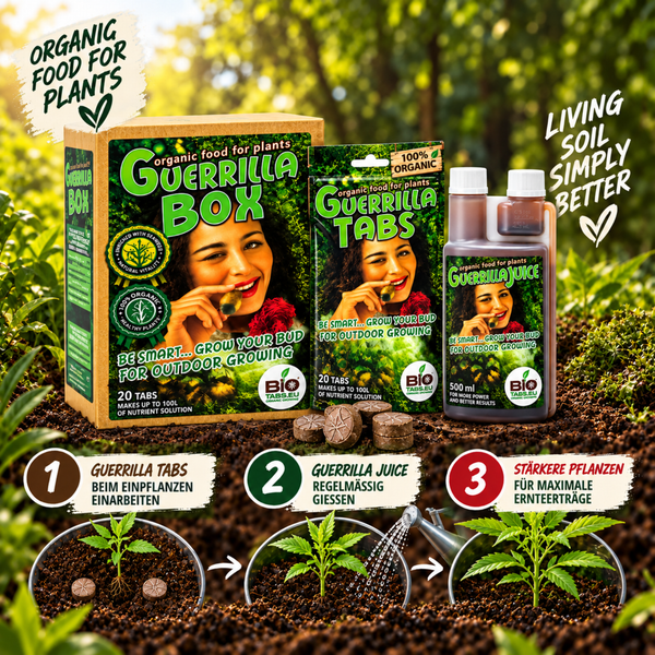 Guerrilla Box Pflanzen Dünger Set mit Tabs und Saft für biologisches Wachstum im Freien inklusive Anwendungsanleitung in drei Schritten.