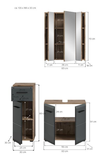 Badezimmermöbel Set bestehend aus Spiegelschrank, Seitenschrank und Waschbeckenunterschrank in Holzoptik und Anthrazit mit Maßen in Zentimeter.