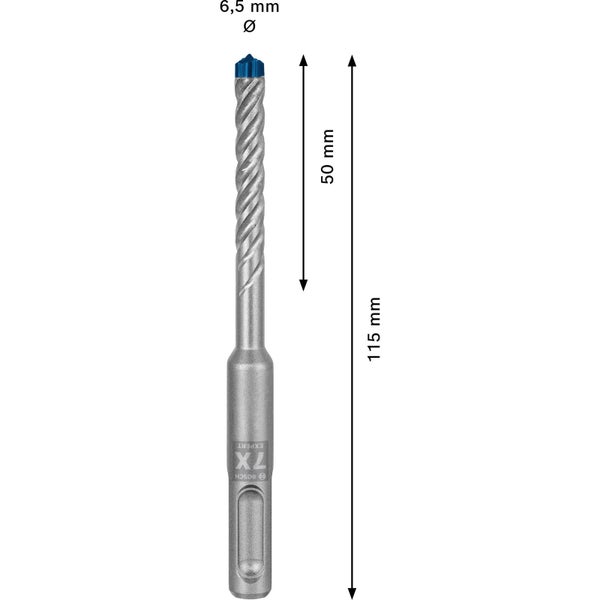 Bohrer mit den Maßen 6,5 mm Durchmesser, 50 mm Länge der Bohrspirale und 115 mm Gesamtlänge
