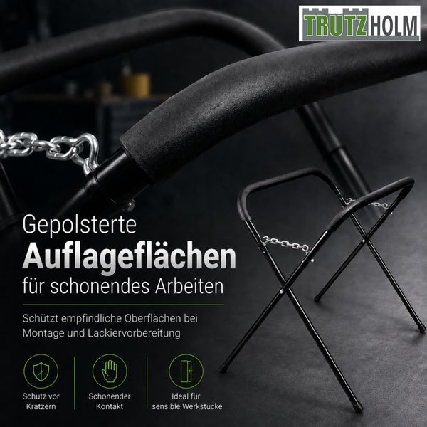 Trutzholm Logo. Klappbarer Arbeitsbock mit gepolsterten Auflageflächen. Schutz vor Kratzern und schonender Kontakt für empfindliche Werkstücke.