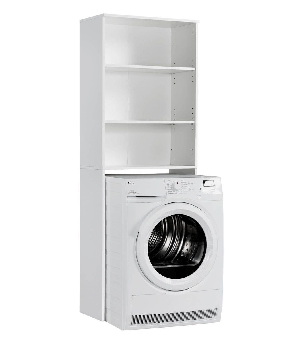 Waschmaschinenschrank für Waschmaschinen und Trockner 'Der Saubermann' Toilettenregal o. WC Regal, Überbau oder Überbauregal in weiß aus Holz, auch als Hochschrank oder Badschrank 180cm Höhe