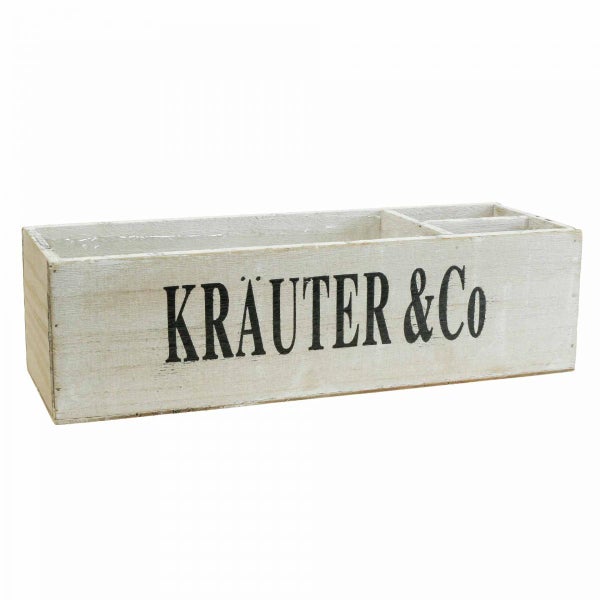 Holzkiste mit der Aufschrift Kräuter und Co zur Kräuteraufbewahrung