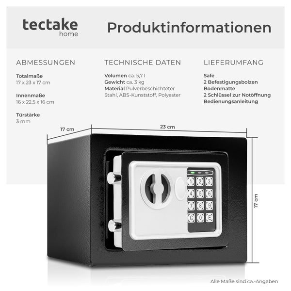 tectake Home Safe mit digitalem Zahlencode und den Maßen 17 x 23 x 17 cm