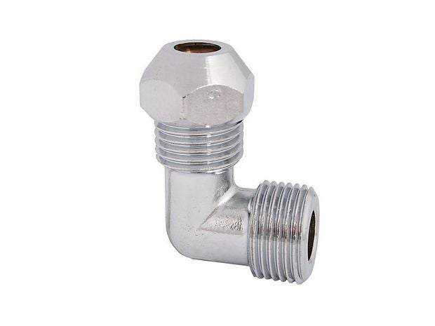 Winkelstück 90 Grad mit Quetschverschraubung und Außengewinde für Sanitärinstallationen.