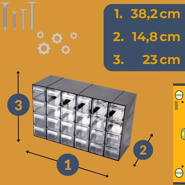 Schubladenbox mit Maßen 38,2 cm mal 14,8 cm mal 23 cm.
