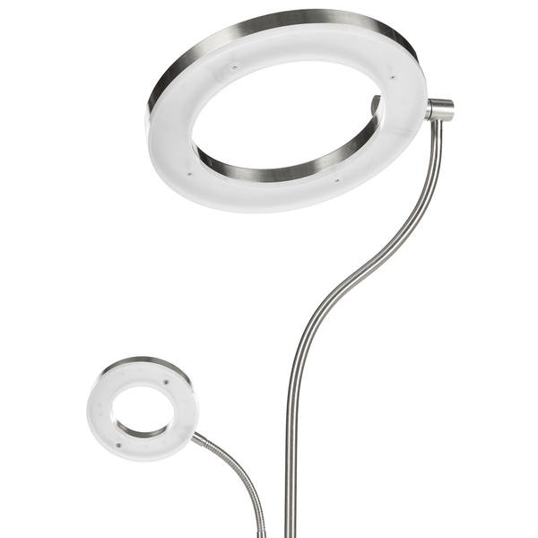 Moderne Deckenfluter Stehleuchte mit Leselicht und zwei ringförmigen LED Lampenköpfen aus Metall