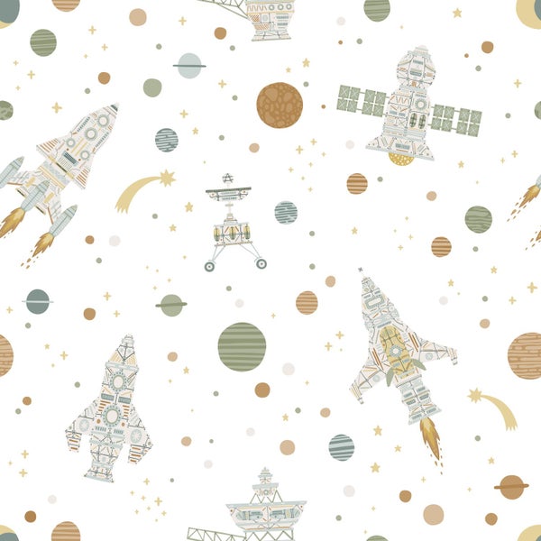 Tapete mit Weltraum-Motiv für Kinder, Raketen, Rover, Satelliten, Planeten und Sterne in gedeckten Tönen.