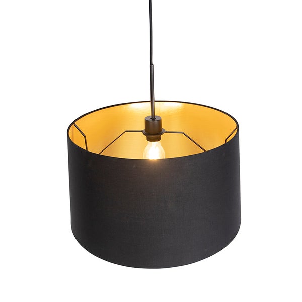 Moderne Pendelleuchte mit zylindrischem schwarzem Textilschirm und goldfarbener Innenseite, inklusive Leuchtmittel.