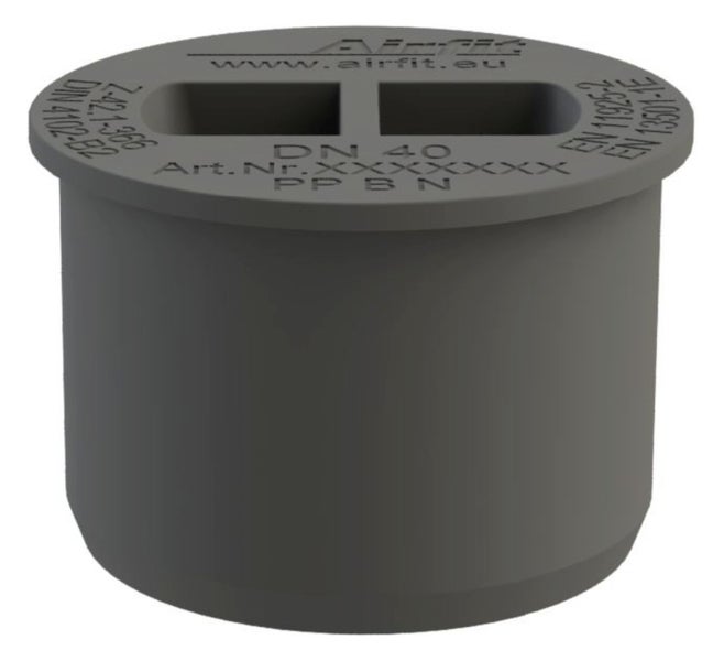 Grauer Airfit Muffenstopfen Nennweite 40 aus Polypropylen mit zwei Griffschlitzen.