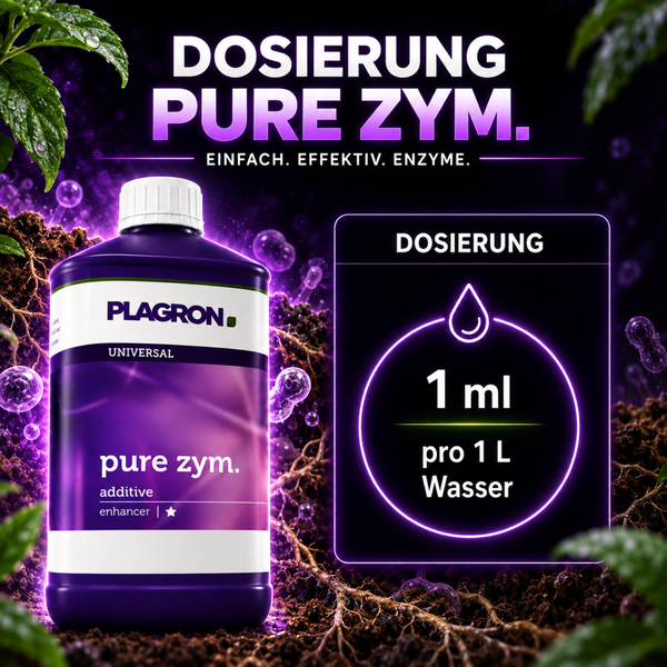 Plagron Pure Zym Additiv Flasche mit Dosieranleitung 1 Milliliter auf 1 Liter Wasser für Pflanzenpflege.