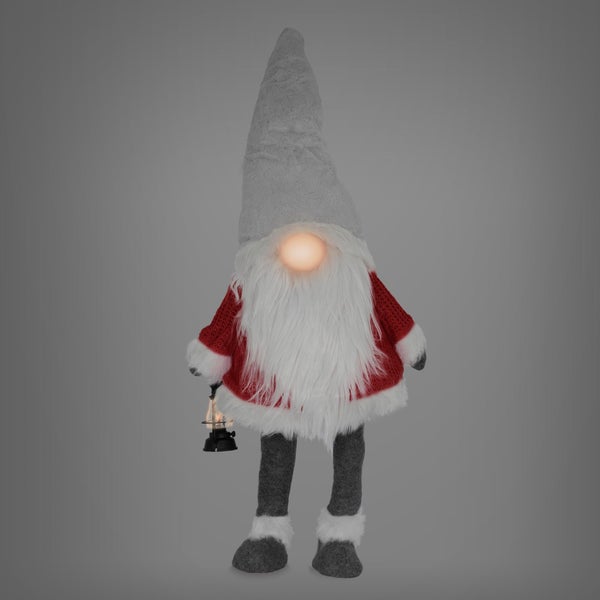 ECD Germany LED Wichtel-Figur mit warmweiß beleuchtete Laterne und Nase 80cm Rot-Grau stehend batteriebetrieben Puppe mit Mütze Weihnachtsdeko Weihnachtswichtel Weihnachtszwerg Deko Zwerg Gnom Plüsch