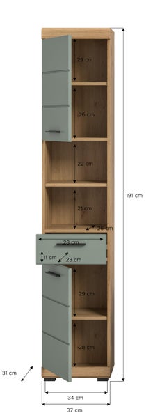Hoher Badezimmerschrank mit Maßen und Innenaufteilung bestehend aus Türen und einer Schublade in Holzoptik mit moderner Front.