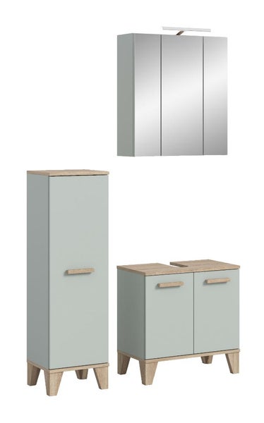 Badezimmermöbel Set bestehend aus Spiegelschrank, Hochschrank und Waschbeckenunterschrank mit Holzoptik Akzenten für ein modernes Badezimmer