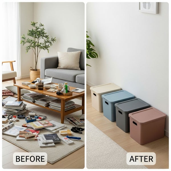 Vorher-Nachher-Ansicht eines Wohnzimmers, das mit Aufbewahrungsboxen aufgeräumt wurde