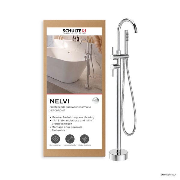 Schulte Nelvi freistehende Badewannenarmatur aus Messing mit Stabhandbrause und Brauseschlauch in Kartonverpackung mit Produktbild.