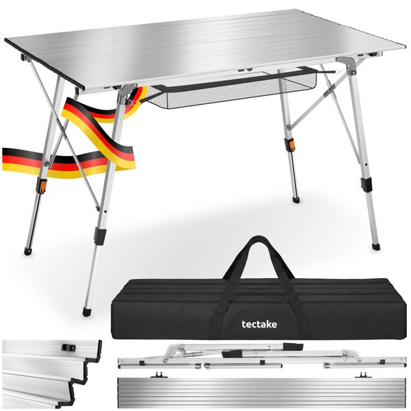 Klappbarer tectake Camping-Alutisch mit Netzablage, Tragetasche und höhenverstellbaren Beinen.