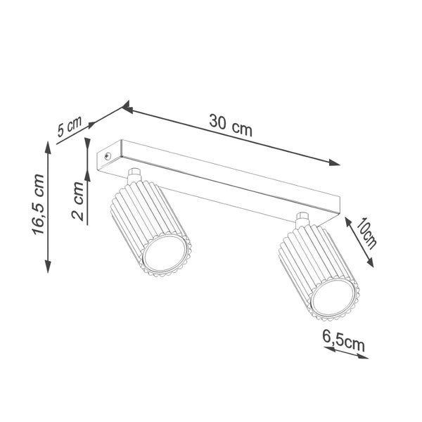 Technische Zeichnung einer Leuchte mit den Maßangaben Länge 30 cm, Höhe 16,5 cm und Durchmesser 6,5 cm.
