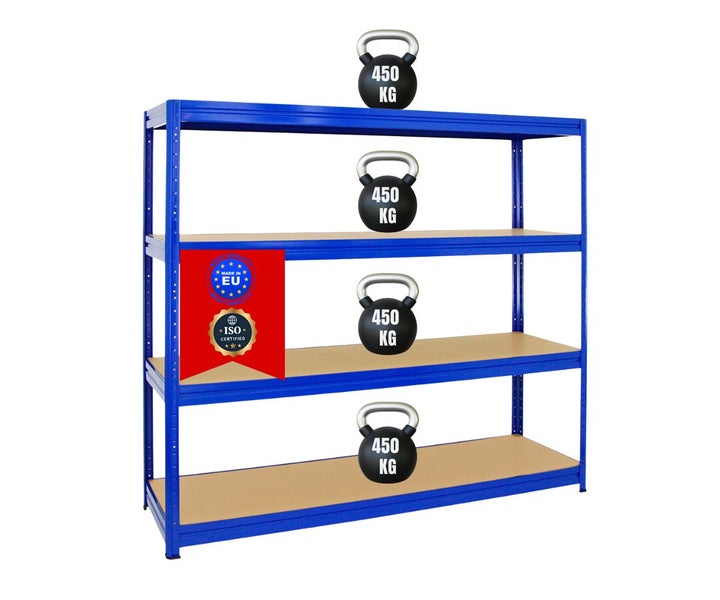 Blaues Schwerlastregal mit vier Holzböden, Tragkraft 450 Kilogramm pro Fachboden, Hergestellt in der Europäischen Union, ISO-zertifiziert.