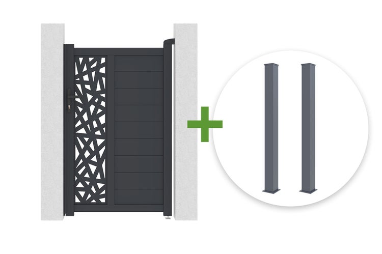 Aluminium-Gartentor in Anthrazit mit dekorativem Muster und Querlamellen inklusive zwei passenden Torpfosten.