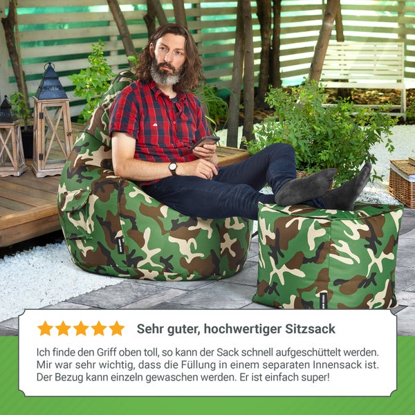 Green Bean Sitzsack mit Rückenlehne 80x70x90cm - Gaming Chair mit 230L Füllung Kuschelig Weich Waschbar - Bean Bag Bodenkissen Lounge Sitzhocker Relax-Sessel Gamer Gamingstuhl Camouflage Grün