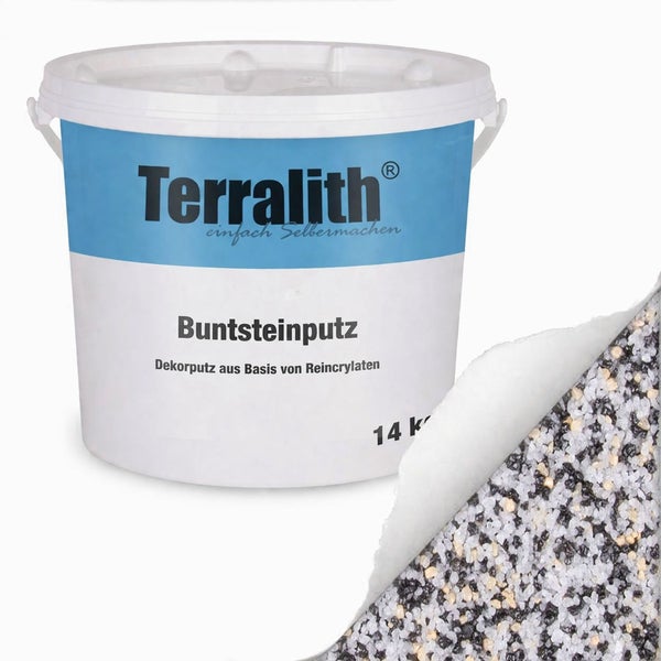 Terralith Buntsteinputz, 14 Kilogramm Eimer, mit Darstellung der körnigen Oberflächenstruktur.